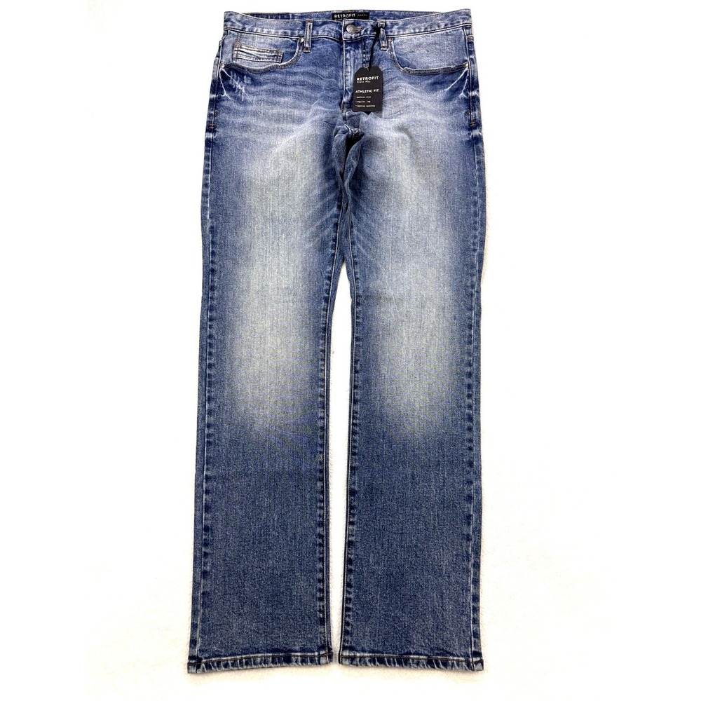 Retrofit Jeans Men Blue 34x34 Athletic Fit Taper‎ Whisker Distress Denim